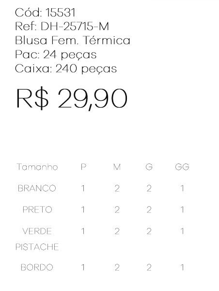 J - Blusa Fem. Térmica Ref: DH-25715-M Pac c/ 24 UN Diversas Cores.