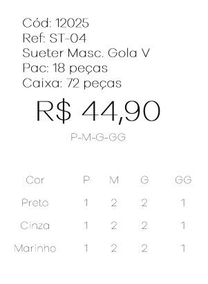 J - Suéter Masc. Gola V Ref: ST-04 Pac c/ 36 UN Diversas Cores.