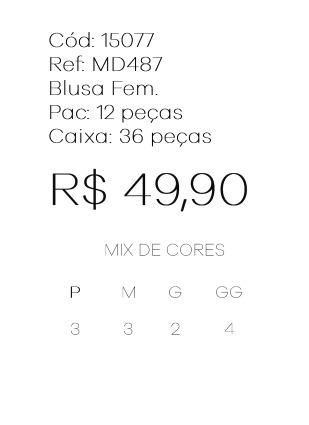 J - Blusa Fem. Ref: MD487 Pac c/ 24 UN Diversas Cores.