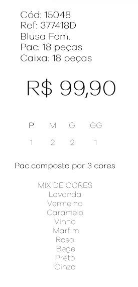 J - Casaco Fem. Blusa Ref: 377418D Pac c/ 18 UN Diversas Cores.