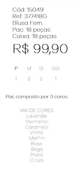 J - Casaco Fem. Blusa  Ref: 377418G Pac c/ 18 UN Diversas Cores.