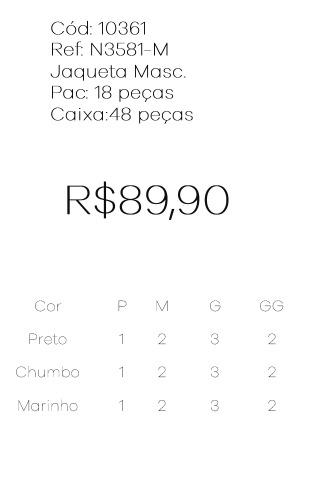 J - Jaqueta Masc. Ref: N3581-M Pac c/ 36 UN Diversas Cores.