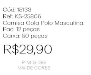K - Camisa Masc Gola Polo Ref: KS-25806 Pac c/ 24 UN Diversas Cores.