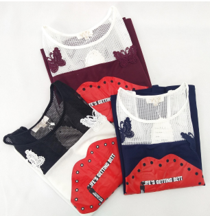 M - Blusa Fem. Blusinha Bordado Borboletas Ref: P8819 Pac c/ 24 UN Diversas Cores.