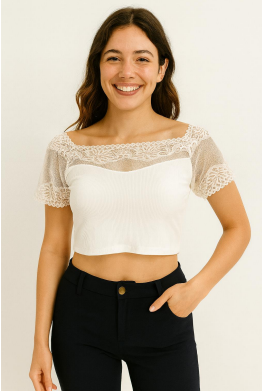 M - Blusa Fem. Cropped Renda Delicata Ref: AB117 Pac c/ 24 UN Diversas Cores.