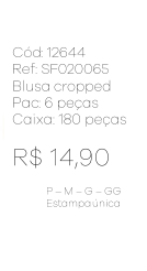 M - Blusa Fem. Cropped Floral Bordada Ref: SFO20065 Pac c/36 UN Diversas Cores.