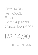 M - Blusa Fem. Gola Bordada Elegance Ref: C008 Pac c/ 24 UN Diversas Cores.