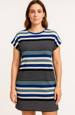 N - Vestido Curto Listrado Marinho Ref: A6100 Pac c/ 24 UN Diversas Cores.