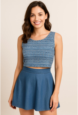 O - Conjunto Saia e Cropped Jeans Ref: A183 Pac c/ 24 UN Diversas Cores.