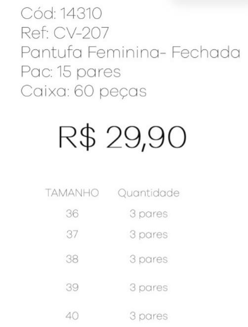 P - Pantufa Fem. Fechada Ref: CV-207 Pac c/ 30 UN Diversas Cores.