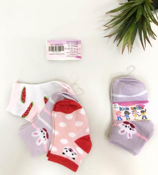 Q - Kit Meia Bebê Pigmento Menina c/ 03 Pares Ref: MIFB-001 Pac c/16 Kits Diversas Cores.