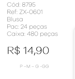 J - Blusa Fem. Ref: ZX-0601 Pac c/ 24 UN Diversa Cores.