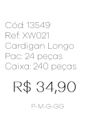 J - Cardigan Fem. Longo Bolsos Ref: XW021 Pac c/ 24 UN Diversas Cores.
