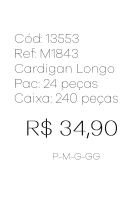 J - Cardigan Fem. Longo Canelado Ref: M1843 Pac c/ 24 UN Diversas Cores.