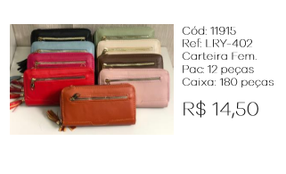 X - Carteira Fem. Zíper Duplo Ref: LRY-402 Pac c/ 24 UN Diversas Cores.