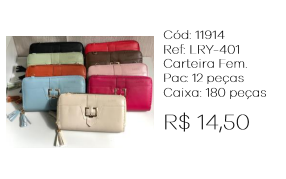 X - Carteira Fem. Zíper e Fivela Ref: LRY-401 Pac c/ 24 UN Diversas Cores.