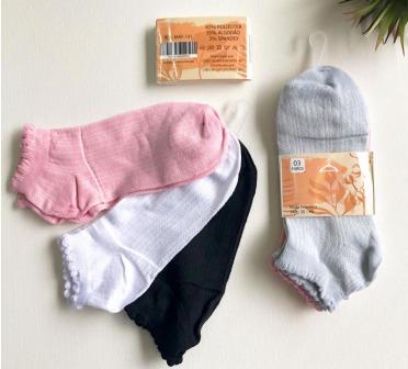Q - Kit Meia Soquete Fem. c/ 3 Pares Ref: MAF-131 Pac c/16 Kits Diversas Cores.