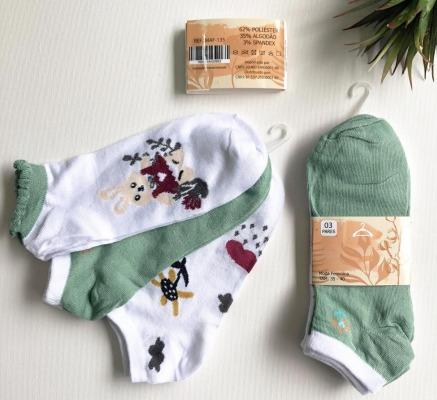 Q - Kit Meia Soquete Fem. c/ 3 Pares Ref: MAF-135 Pac c/16 Kitss Diversas Cores.
