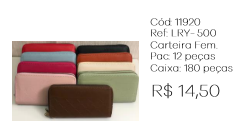 X - Carteira Fem. Zíper Básica Ref: LRY-500 Pac c/ 24 UN Diversas Cores.