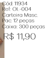X - Carteira Masc. Couro Elegance Ref: OL-004 Pac c/ 24 UN Diversas Cores.
