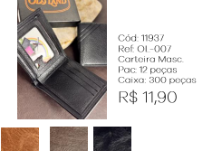 X - Carteira Masc. Couro Tradicional Ref: OL-007 Pac c/ 24 UN Diversas Cores.