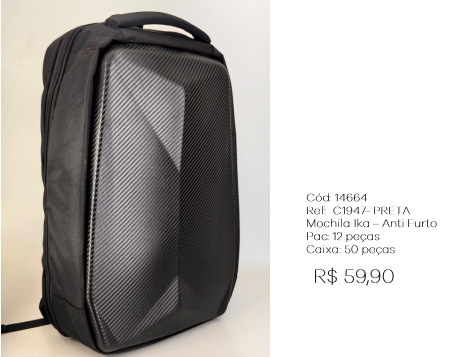 W - Mochila Ika Anti Furto Ref: C1947 Pac c/ 24 UN Diversas Cores.
