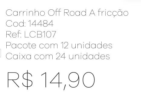 Z - Carrinho Off Road A Fricção Ref: LCB107 Pac c/ 24 UN Diversas Cores.