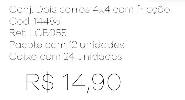 Z - Conj. Dois Carros 4x4 com Fricção Ref: LCB055 Pac c/ 24 UN Diversas Cores.