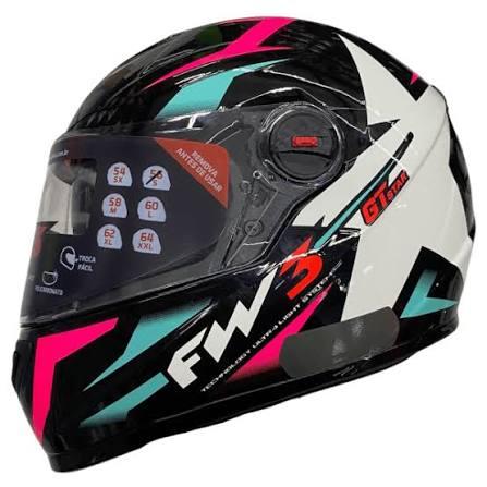 CAPACETE FW3 -GTX STAR PRETO BRILHANTE AZUL TIFANY COM ROSA 56 -312 0656