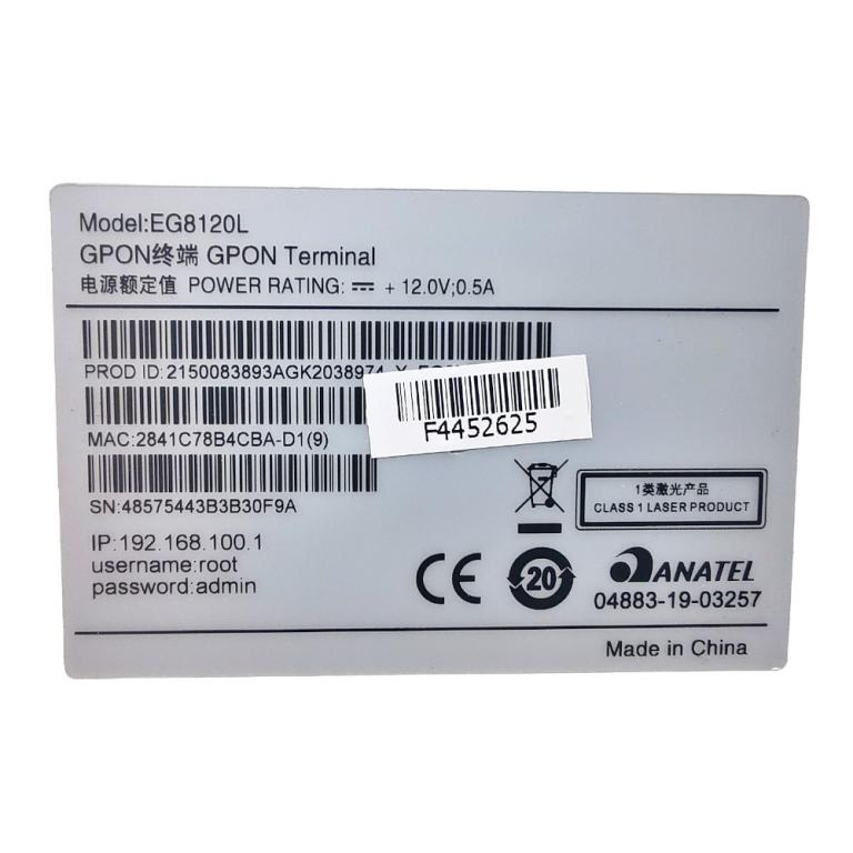 ONU GPON HUAWEI EG8120L BRIDGE FTTH 1GE+1FE+1POT UPC - ANATEL