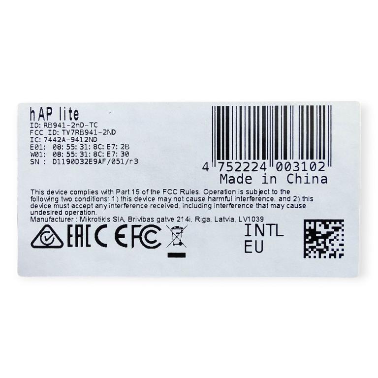 MIKROTIK HAP LITE RB941-2ND-TC-BR 650MHZ 32MB RAM L4