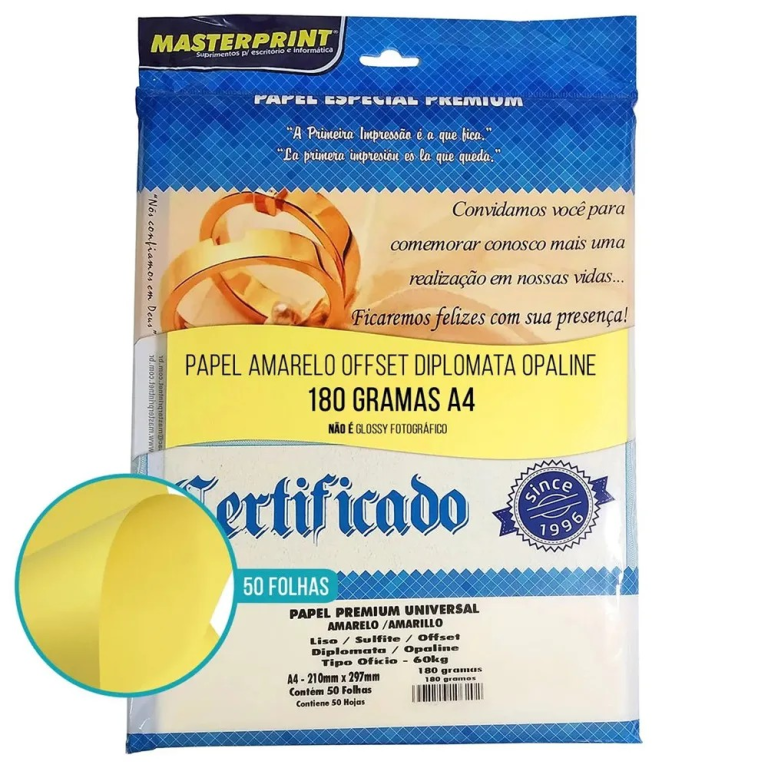 PAPEL DIPLOMATA / COLOR PLUS 180g PCT C/ 50Fls - 302070010 - AMARELO - MASTERPRINT