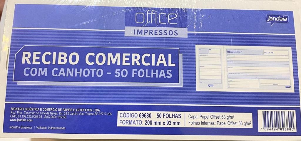 RECIBO COM CANHOTO 50fls . COD. 69680 - PCT C/ 20 UN - JANDAIA