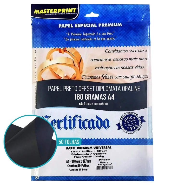 PAPEL DIPLOMATA / COLOR PLUS 180g PCT C/ 50Fls - 302070032 - PRETO - MASTERPRINT