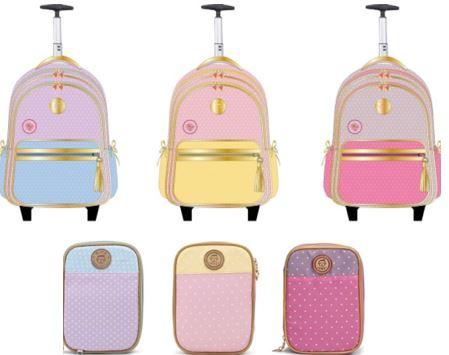 23R84 - KIT MOCHILA 2 RODINHA KIKA + ESTOJO BOX - REFORÇADA - COM ALÇAS - DETALHES POA - KIKA