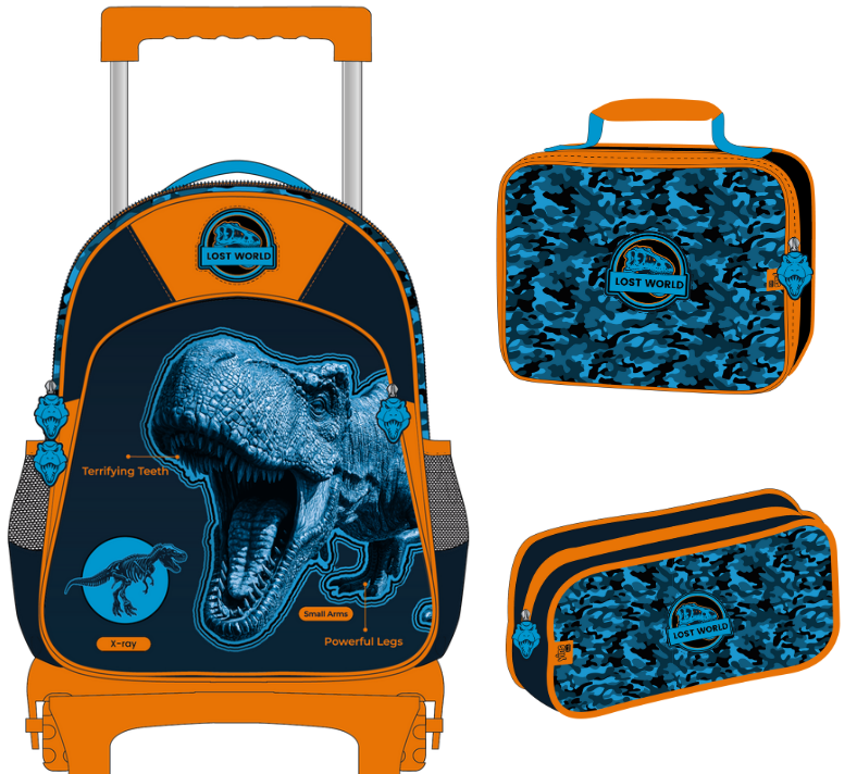 42188 - KIT MOCHILA RODINHA INFANTIL + LANCHEIRA + ESTOJO - LOST WORD DINO - YINS