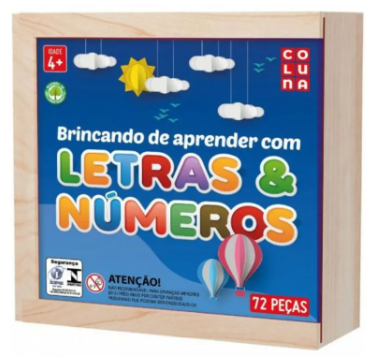 BRINCANDO DE APRENDER - ALFABETO E NUMERAIS - 72 PC CAIXA MADEIRA - UN- 790698-1 -COLUNA