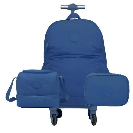 YS29656 - KIT MOCHILAS 4 RODAS 360° - LANCHEIRA - ESTOJO - AZUL ESCURO - YINS