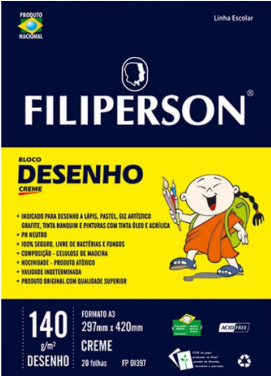 BLOCO DE DESENHO A4 CREME 140g C/ 20Fls - PCT C/ 5 UN - 01398 - FILIPERSON