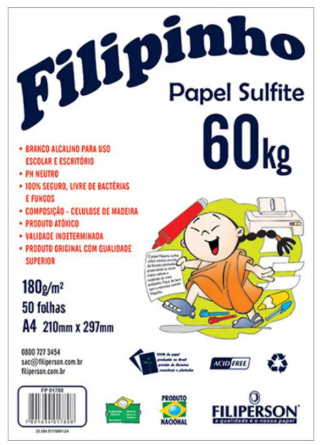 PAPEL OPALINE 180g SULFITE 60Kg -  PCT C/ 50Fls - 01780 - BRANCO - FILIPINHO