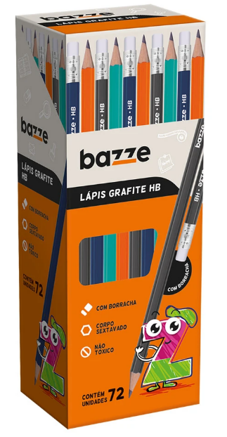 LAPIS PRETO C/ BORRACAHA - CORES SORTIDAS - CX C/ 72UN - 902900 - BAZZE TRIS