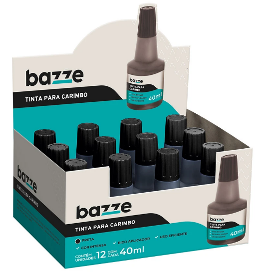 TINTA PARA CARIMBO - 40ML - PCT C/ 12 UN - PRETO - 900111 - BAZZE TRIS