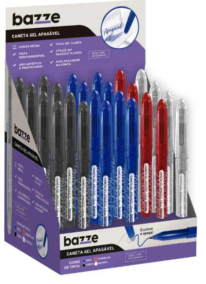 CANETA GEL APAGAVEL - 1.0MM - AZUL/ VM / PRETO / BRANCO - CX C/ 24UN - 909015 - BAZZE TRIS