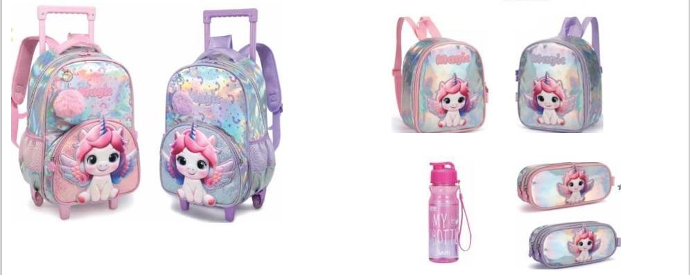 2664 - KIT MOCHILA C/ RODAS + LANCH + EST + GARRAFA - UNICORNIO TOP - NOVA RIO