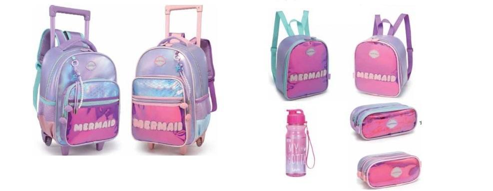 2686 - KIT MOCHILA C/ RODAS + LANCH + EST + GARRAFA - MERMAID SEREIA - NOVA RIO