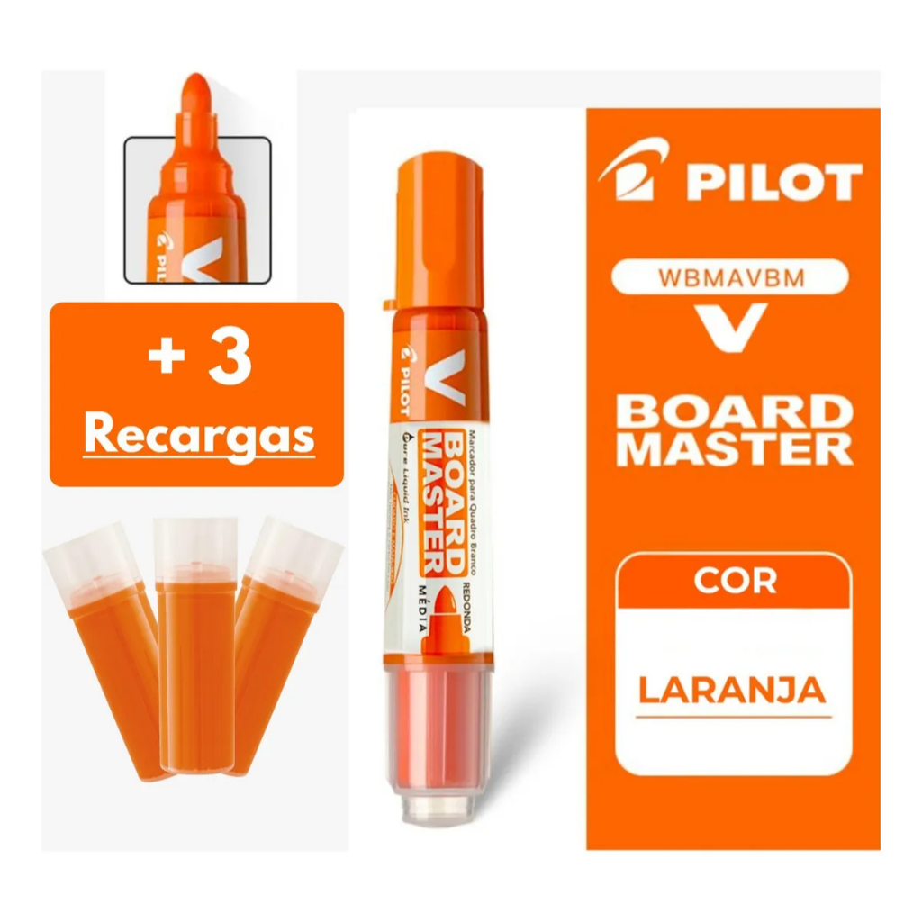 Kit Canetão Marcador Pilot V Board Master + 3 Refis Recarregáveis Quadro Branco