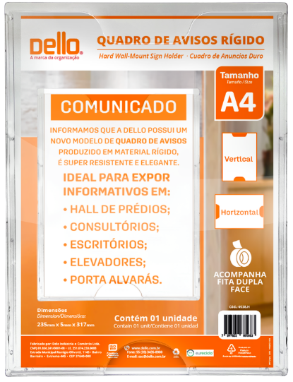 QUADRO DE AVISO - A4 - ACRILICO - PORTA CNPJ - C/ FITA DUPLA FACE  - CRISTAL - 0538.H.0012 - DELLO