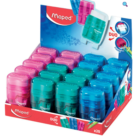 APONTADOR DOIS FUROS COM BORRACHA - CONNECT - CX C/ 20UN - CORES NEON - 049211 - MAPED