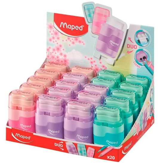 APONTADOR DOIS FUROS COM BORRACHA - CONNECT - CX C/ 20UN - CORES PASTEL - 049231 - MAPED