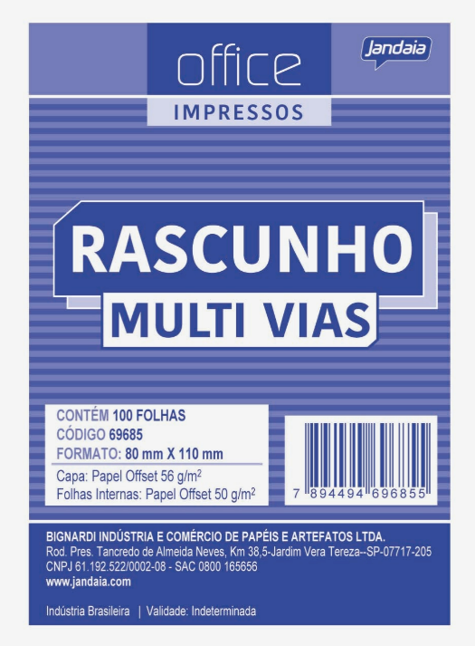BLOCO RASCUNHO  - 80X110MM 100 Fls - PCT C/ 20 - 69685-77 - JANDAIA